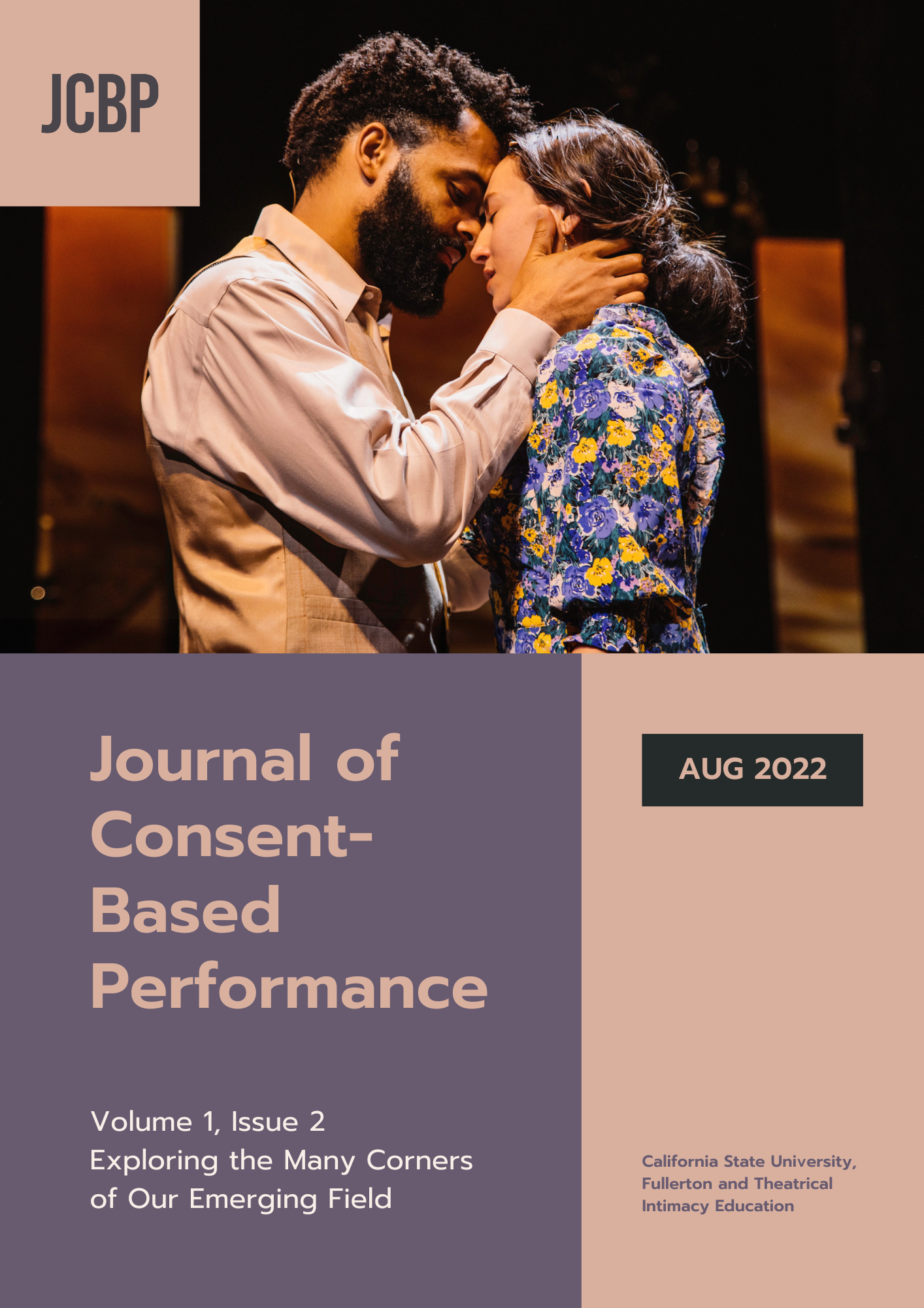 JCBP vol. 1 issue 2 cover features a photo of a Black actor in a cream shirt and tan vest closing distance to kiss an Asian actor with her hair in a low bun wearing a violet and yellow floral dress.