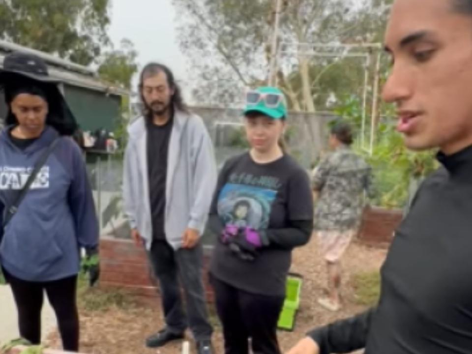 Students outside at a small farming plot.