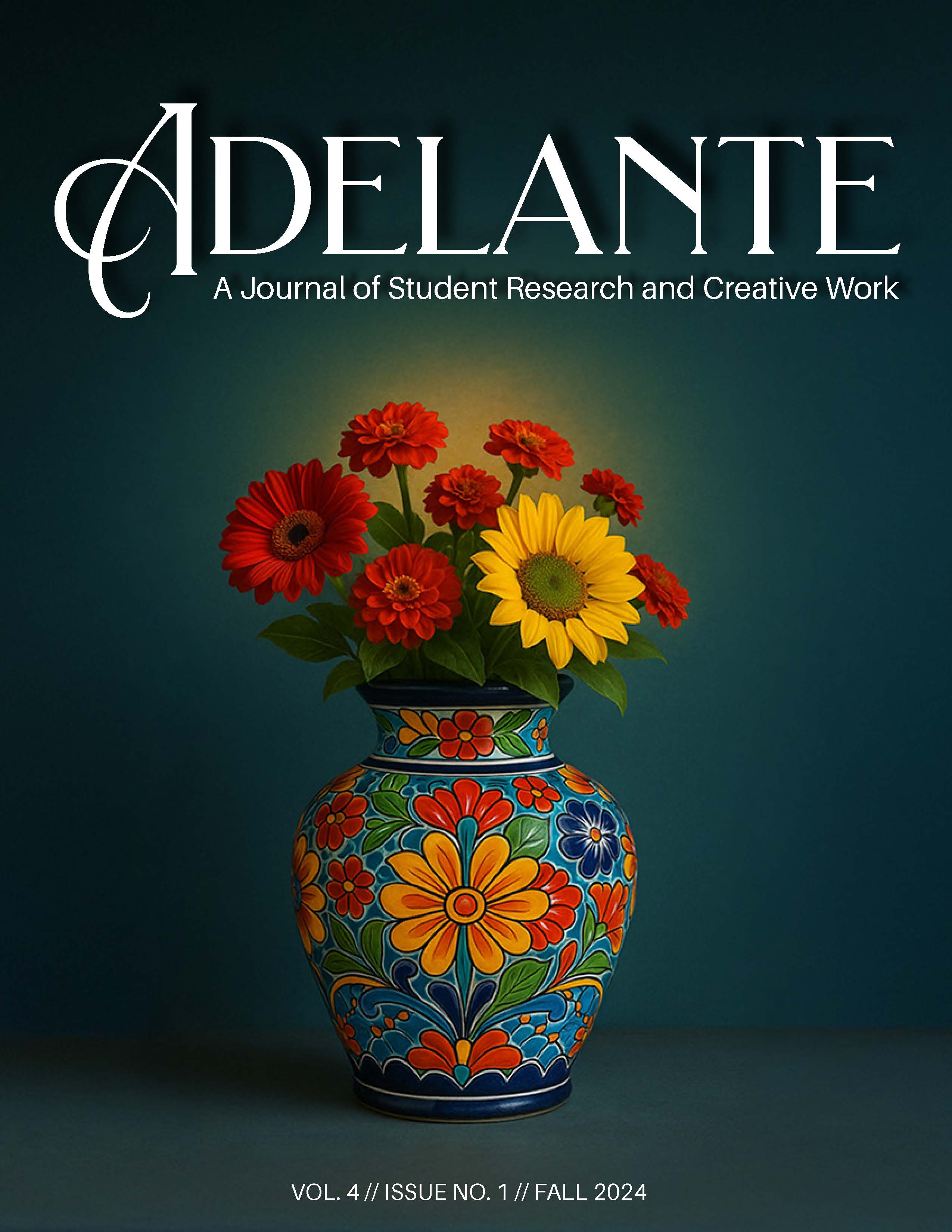Cover of Adelante, Volume 4, featuring a colorful vase of flowers. One flower stands out with a different color than the rest.