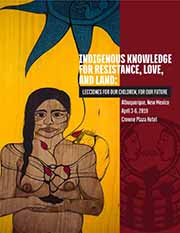 A stylized painting on a textured, wood-grain yellow background depicts a top-down view of a large blue sun or star emblem at the top. Below it, an Indigenous woman with long dark hair holds soil in her hands while vine-like lines with small red buds wrap gracefully across her upper body.  Features bold white and black text reading: "INDIGENOUS KNOWLEDGE FOR RESISTANCE, LOVE, AND LAND: LECCIONES FOR OUR CHILDREN, FOR OUR FUTURE."