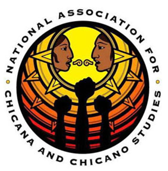 Logo for the National Association for Chicana and Chicano Studies, featuring two Indigenous-looking profiles facing each other over three raised fists